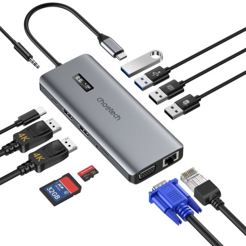ADAPTER HUB WIELOFUNKCYJNY Z WYŚWIETLACZEM USB-C USB-A VGA AUX SD TF 12W1 SZARY ADAPTER HUB WIELOFUNKCYJNY Z WYŚWIETLACZEM USB-C USB-A VGA AUX SD TF 12W1 SZARY