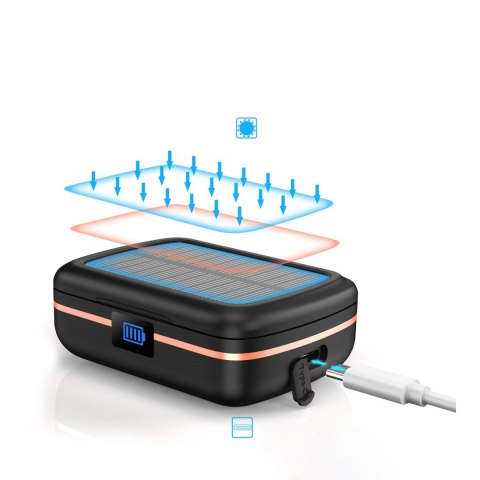 SŁUCHAWKI BEZPRZEWODOWE TWS WODOODPORNE Z ŁADOWARKĄ SOLARNĄ I POWERBANKIEM 2500MAH CZARNY SŁUCHAWKI BEZPRZEWODOWE TWS WODOODPORNE Z ŁADOWARKĄ SOLARNĄ I POWERBANKIEM 2500MAH CZARNY