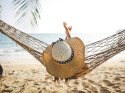 Hamak ogrodowy sznurkowy siatka drewniane poprzeczki boho pleciony biały