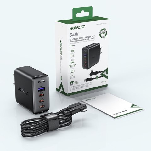 SZYBKA ŁADOWARKA SIECIOWA GAN 3X USB-C 1X USB-A + KABEL KĄTOWY USB-C 100W 2M CZARNY SZYBKA ŁADOWARKA SIECIOWA GAN 3X USB-C 1X USB-A + KABEL KĄTOWY USB-C 100W 2M CZARNY