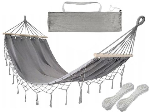 Hamak ogrodowy turystyczny szary frędzle huśtawka boho torba 200 x 100cm Hamak ogrodowy turystyczny szary frędzle huśtawka boho torba 200 x 100cm