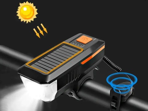 Lampka rowerowa przednia led z klaksonem sygnałem solarna na kierownicę Lampka rowerowa przednia led z klaksonem sygnałem solarna na kierownicę