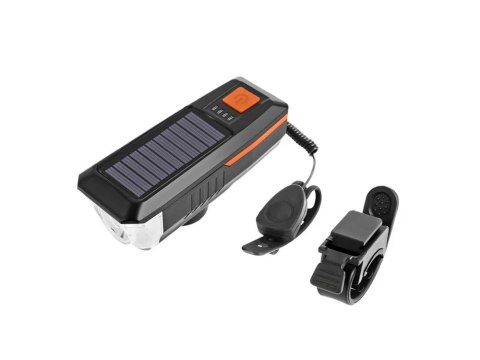 Lampka rowerowa przednia led z klaksonem sygnałem solarna na kierownicę Lampka rowerowa przednia led z klaksonem sygnałem solarna na kierownicę