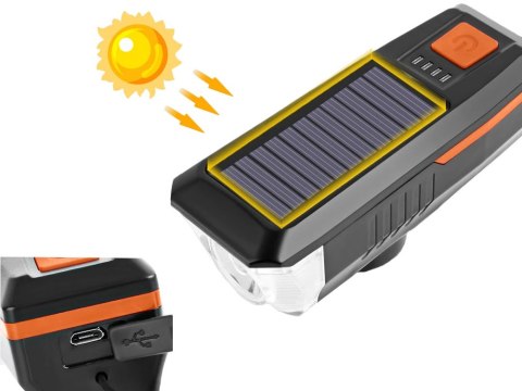 Lampka rowerowa przednia led z klaksonem sygnałem solarna na kierownicę Lampka rowerowa przednia led z klaksonem sygnałem solarna na kierownicę