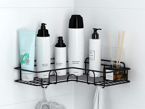 Półka łazienkowa do łazenki pod prysznic narożna loft wisząca 2x haczyk Półka łazienkowa do łazenki pod prysznic narożna loft wisząca 2x haczyk