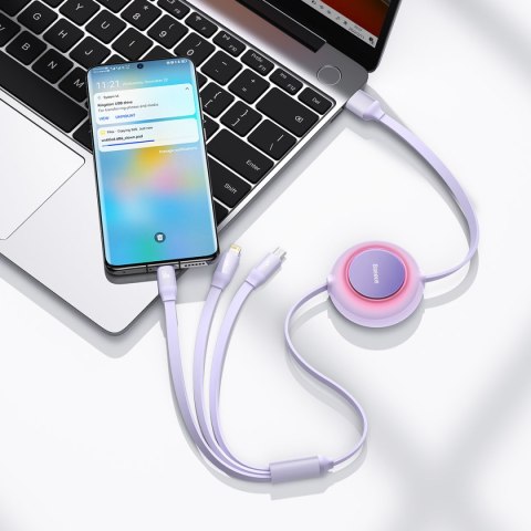 Zwijany kabel przewód 3w1 USB microUSB + Iphone Lightning + USB-C 66W 1.1m fioletowy Zwijany kabel przewód 3w1 USB microUSB + Iphone Lightning + USB-C 66W 1.1m fioletowy