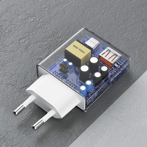Ładowarka sieciowa GaN A30EUL 30W USB-A USB-C + kabel USB-C - Lightning - biała