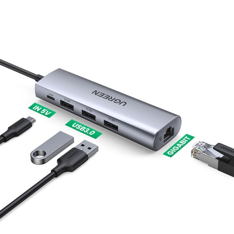 5w1 HUB Adapter USB-A 3.0 - RJ45 / 3x USB-A 3.0 / micro USB - szary