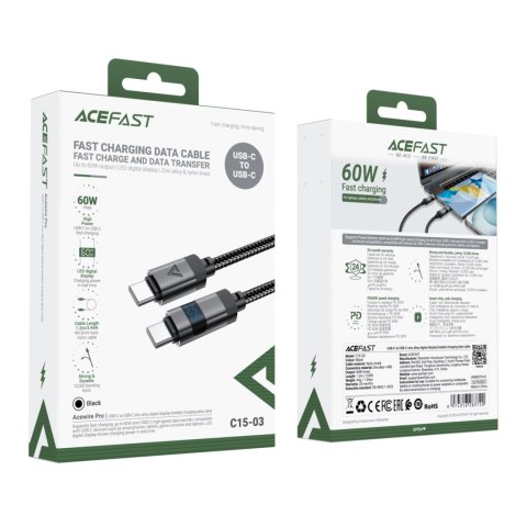 Kabel przewód USB-C - USB-C z wyświetlaczem 480Mb/s 66W 1.2m - czarny