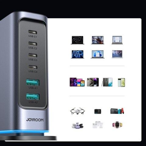 Stacja ładowania ładowarka wieloportowa GaN 65W EU 4x USB-C i 2x USB-A - ciemnoszara