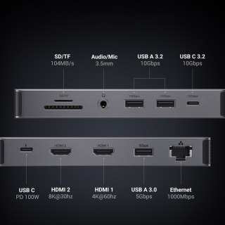 13w1 HUB adapter USB-C - USB-A / USB-C / HDMI / DisplayPort / RJ45 / SD TF / AUX / USB-C PD - szary