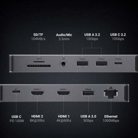13w1 HUB adapter USB-C - USB-A / USB-C / HDMI / DisplayPort / RJ45 / SD TF / AUX / USB-C PD - szary