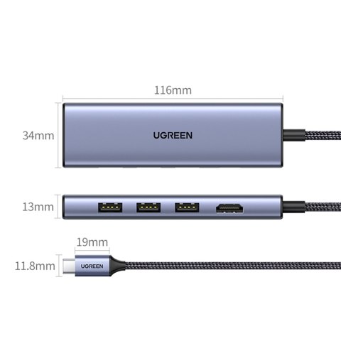6w1 HUB Adapter USB-C - HDMI / USB-A / czytnik kart SD TF - szary