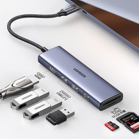 6w1 HUB Adapter USB-C - HDMI / USB-A / czytnik kart SD TF - szary