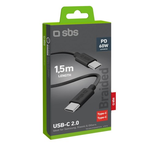 Kabel przewód w oplocie USB-C 60W 1.5m - czarny