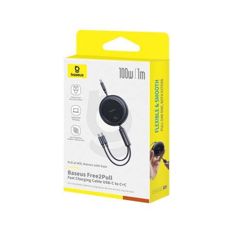 Kabel przewód zwijany USB-C - 2 x USB-C Bright Mirror Series 100W 1m - czarny
