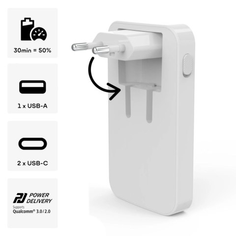 Ładowarka sieciowa składana GaN USB-C USB-A 65W - biała
