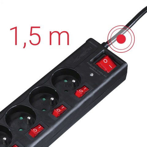 Listwa antyprzepięciowa z wyłącznikami 6 gniazd 1.4m - czarna