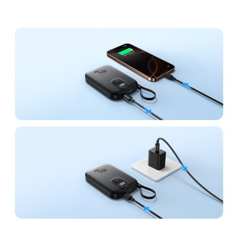 Powerbank 10000mAh z wbudowanym kablem 22.5 iPhone Lightning USB-C 0.25 cm - czarny