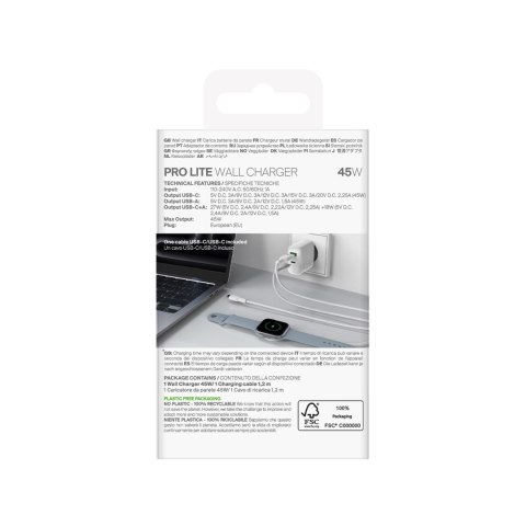 Ładowarka sieciowa USB-C USB-A PD z kablem USB-C 45W - biała