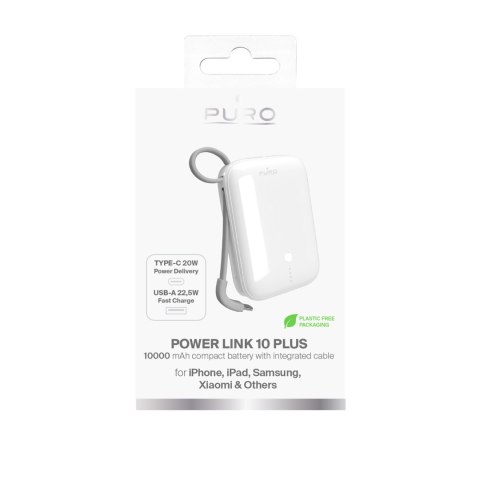 Powerbank 10000mAh USB-A USB-C z wbudowanym kablem - biały