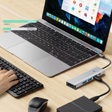 5w1 HUB Adapter USB-C PD USB-A HDMI 4K 60Hz 100W - szary