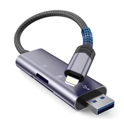 Czytnik kart pamięci SD / micro SD ze złączem iPhone Lightning / USB-A - szary