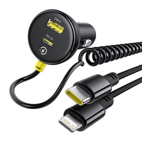 Ładowarka samochodowa USB-A USB-C z kablem iPhone Lightning USB-C 60W 1.4m - czarna