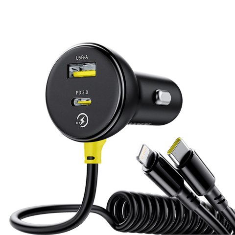 Ładowarka samochodowa USB-A USB-C z kablem iPhone Lightning USB-C 60W 1.4m - czarna