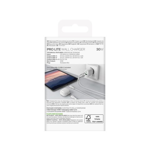Ładowarka sieciowa USB-A USB-C z kablem USB-C 30W 1.2m - biała
