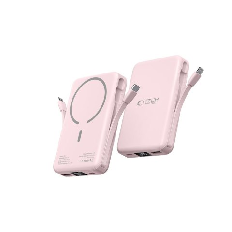 Powerbank 10000 mAh USB-A USB-C z kablami USB-C iPhone Lightning MagSafe - różowy