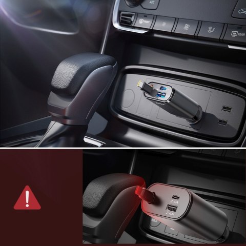 Ładowarka samochodowa 3w1 z kablem zwijanym USB-A USB-C - ciemnoszara