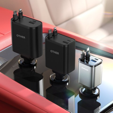 Ładowarka samochodowa 4w1 z kablami zwijanymi USB-A USB-C 30W- ciemnoszara
