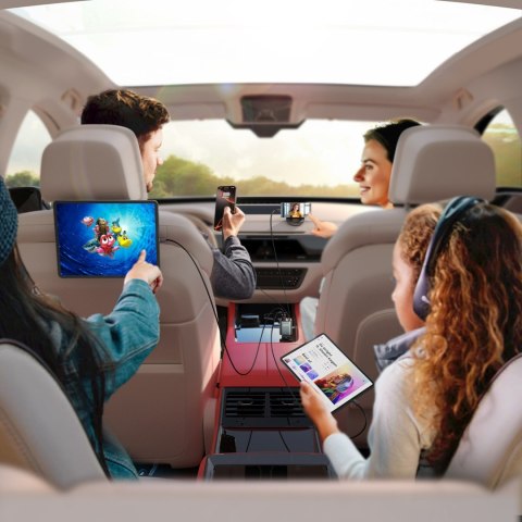 Ładowarka samochodowa 4w1 z kablami zwijanymi USB-A USB-C 30W- ciemnoszara