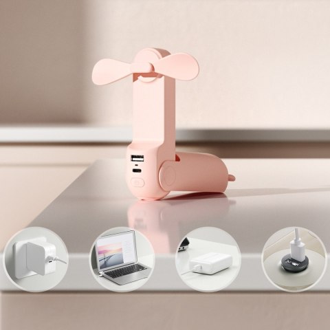 Mini wentylator wiatrak przenośny z funkcją powerbanka latarką USB-A USB-C 2000mAh - różowy