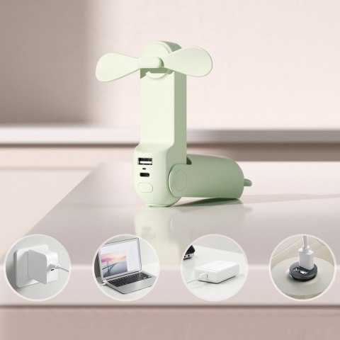 Mini wentylator wiatrak przenośny z funkcją powerbanka latarką USB-A USB-C 2000mAh - zielony