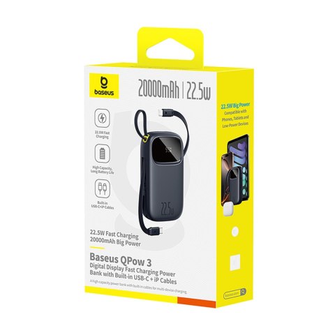 Powerbank 20000mAh 22.5W z wyświetlaczem kablami USB-C iPhone Lightning - czarny