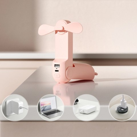 Wiatrak przenośny mini wentylator powerbank latarka USB-A USB-C 4500mAh - różowy
