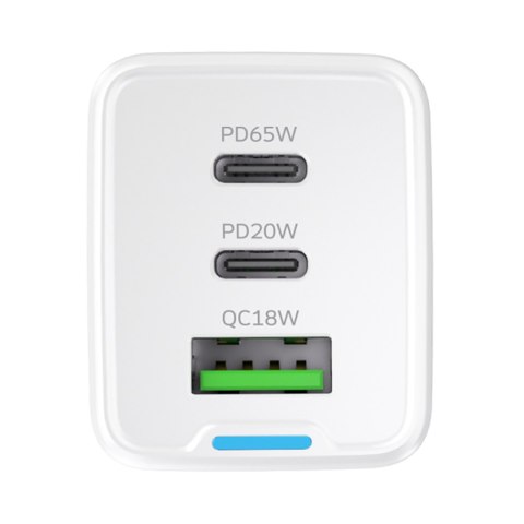 Ładowarka sieciowa GaN USB-A USB-C z kablem USB-C 65W - biała