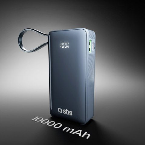 Powerbank 10000mAh USB-A USB-C z wyświetlaczem wbudowanym kablem USB-C 20W - ciemnoszary