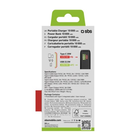 Powerbank 10000mAh USB-A USB-C z wyświetlaczem wbudowanym kablem USB-C 20W - czarny