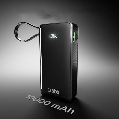 Powerbank 10000mAh USB-A USB-C z wyświetlaczem wbudowanym kablem USB-C 20W - czarny