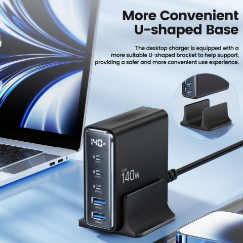 Stacja ładująca do urządzeń z wyświetlaczem 3x USB-C 2x USB-A GaN 140W - czarna