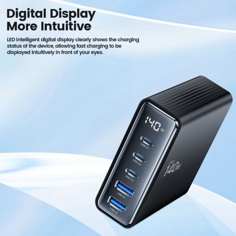 Stacja ładująca do urządzeń z wyświetlaczem 3x USB-C 2x USB-A GaN 140W - czarna