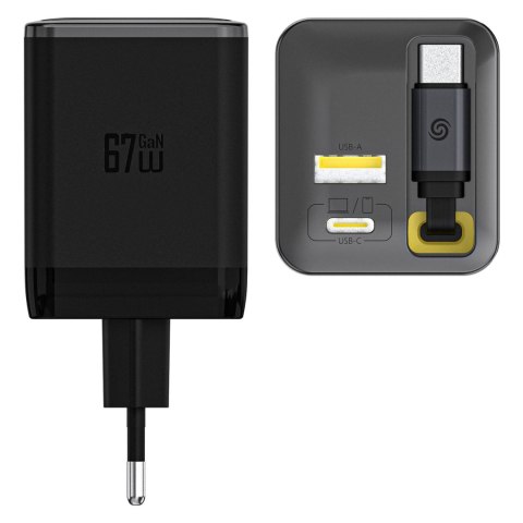 Ładowarka sieciowa USB-A USB-C GaN 67W z kablem zwijanym USB-C PD QC - czarna