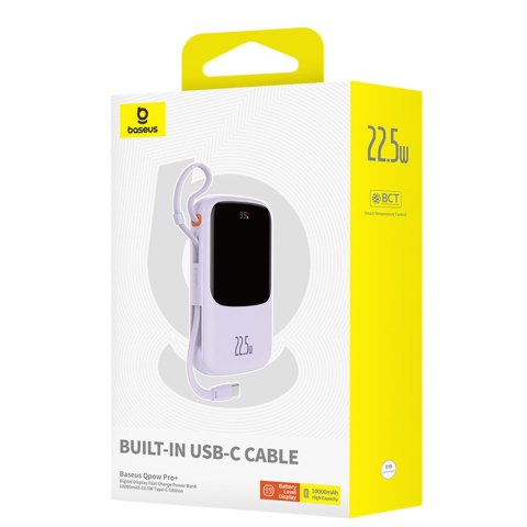 Powerbank 10000mAh 22.5W z wyświetlaczem wbudowanym kablem USB-C Qpow Pro+- fioletowy