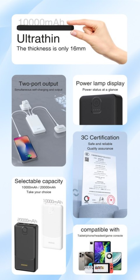 Powerbank K10 10000mAh USB-A 12W 2.4A - biały