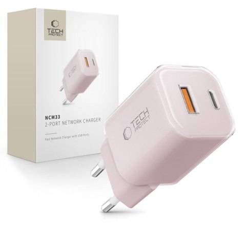 Ładowarka sieciowa USB-A USB-C PD 33W QC - różowa