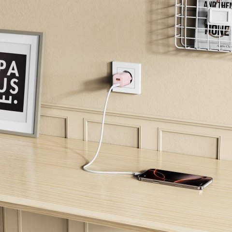 Ładowarka sieciowa USB-A USB-C PD 33W QC - różowa