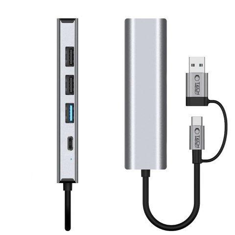 Adapter HUB 5w1 USB-C USB-A Ethernet RJ45 - szary